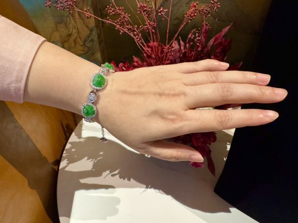 B-2025-08-4 元宝手链 冰种帝王绿合成翡翠钻石手链 B-2025-08