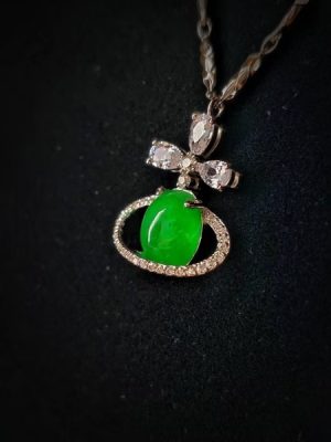 翡翠蛋面项链 冰种帝王绿合成翡翠K金项链钻石 P-2025-74