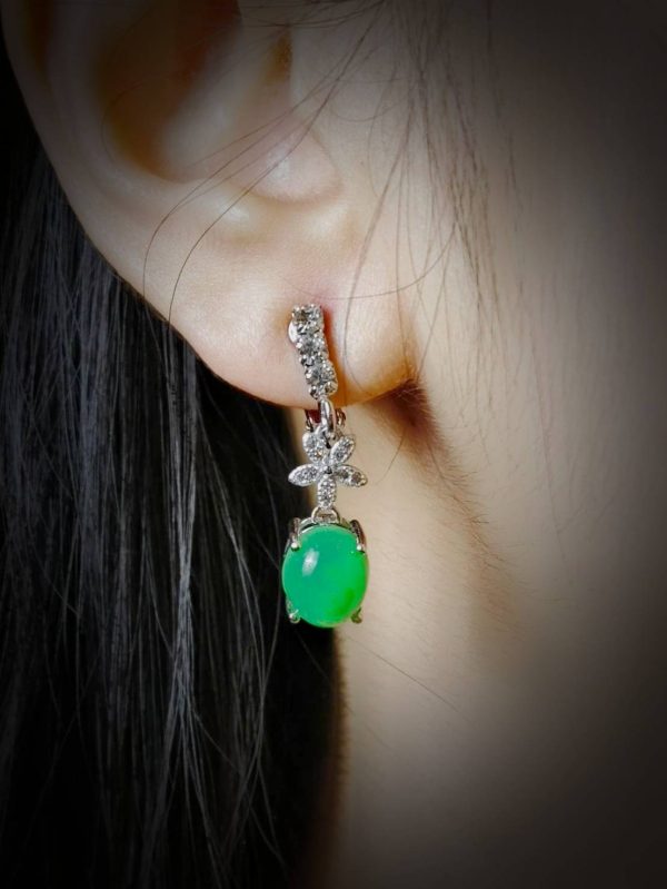 E-2024-03-3 碧韵花影 冰种帝王绿合成翡翠钻石耳环 E-2024-03