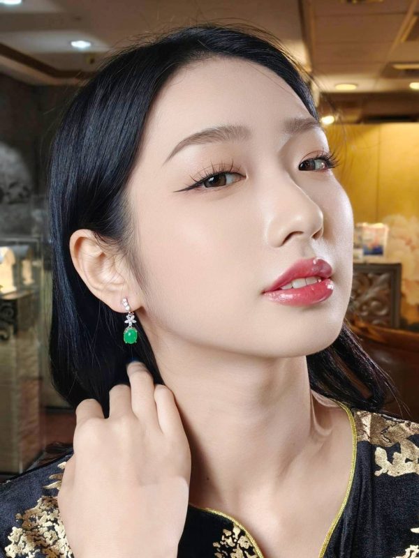 E-2024-03-5 碧韵花影 冰种帝王绿合成翡翠钻石耳环 E-2024-03