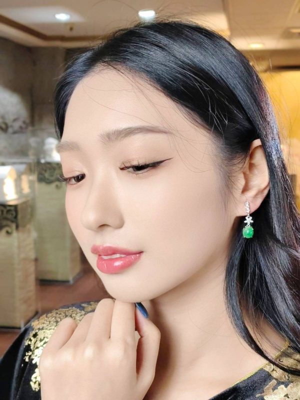 E-2024-03-6 碧韵花影 冰种帝王绿合成翡翠钻石耳环 E-2024-03