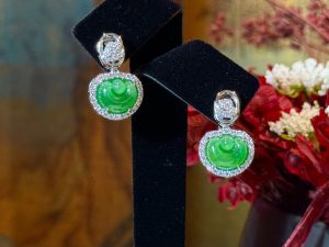 E-2025-07-1 翡耀元宝 冰种帝王绿合成翡翠钻石耳环 E-2025-07