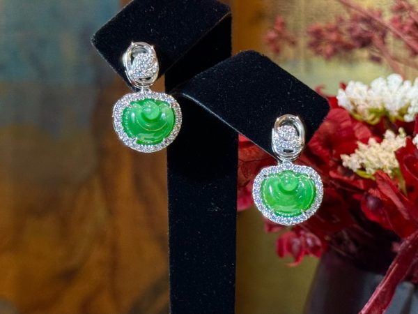 E-2025-07-1 翡耀元宝 冰种帝王绿合成翡翠钻石耳环 E-2025-07