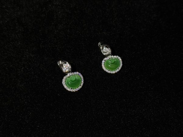E-2025-07-2 翡耀元宝 冰种帝王绿合成翡翠钻石耳环 E-2025-07