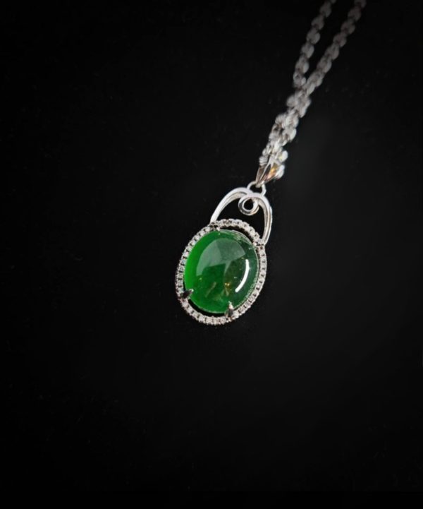 P-2024-09-1 翡翠蛋面项链 玻璃种帝王绿合成翡翠K金项链钻石P-2024-09