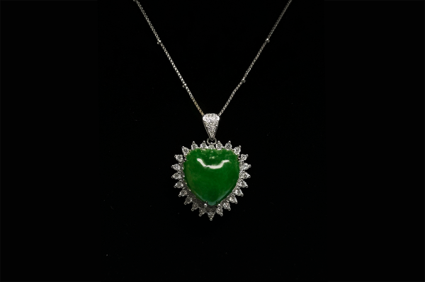 翡翠心型项链 玻璃种帝王绿合成翡翠K金项链钻石P-2024-11