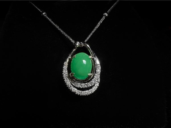P-2025-14-1 翡翠蛋面项链 冰种帝王绿合成翡翠钻石项链 P-2025-14