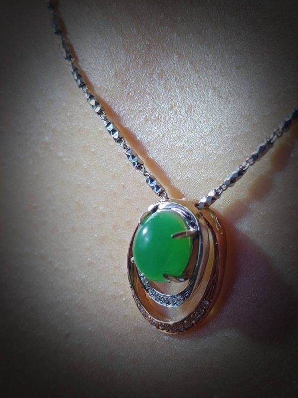 P-2025-14-4 翡翠蛋面项链 冰种帝王绿合成翡翠钻石项链 P-2025-14