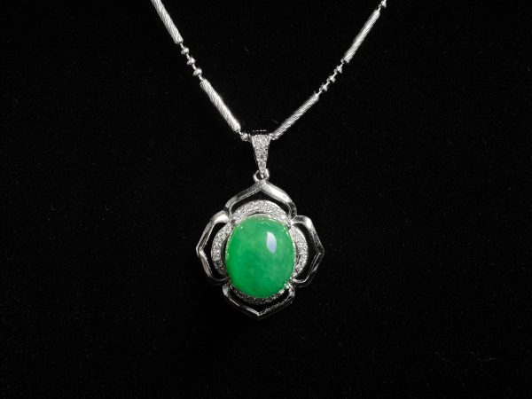 P-2025-15-1 翡翠蛋面项链 冰种帝王绿合成翡翠K金项链钻石 P-2025-15