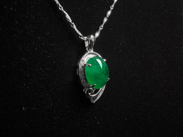 P-2025-16-1 翡翠蛋面项链 冰种帝王绿合成翡翠钻石项链 P-2025-16