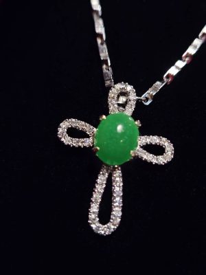 P-2025-19-1 翡翠蛋面项链 冰种帝王绿合成翡翠钻石项链 P-2025-19