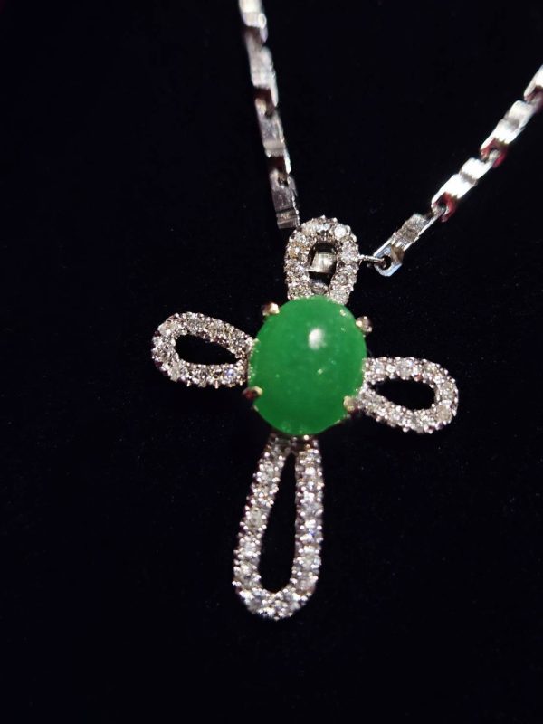 P-2025-19-1 翡翠蛋面项链 冰种帝王绿合成翡翠钻石项链 P-2025-19