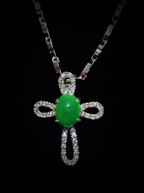 P-2025-19-2 翡翠蛋面项链 冰种帝王绿合成翡翠钻石项链 P-2025-19
