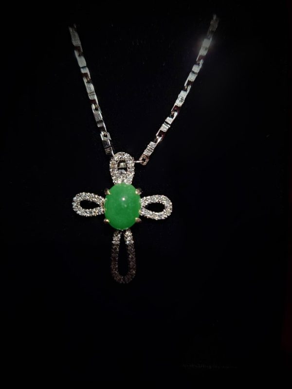 P-2025-19-3 翡翠蛋面项链 冰种帝王绿合成翡翠钻石项链 P-2025-19