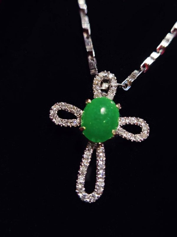 P-2025-19-4 翡翠蛋面项链 冰种帝王绿合成翡翠钻石项链 P-2025-19
