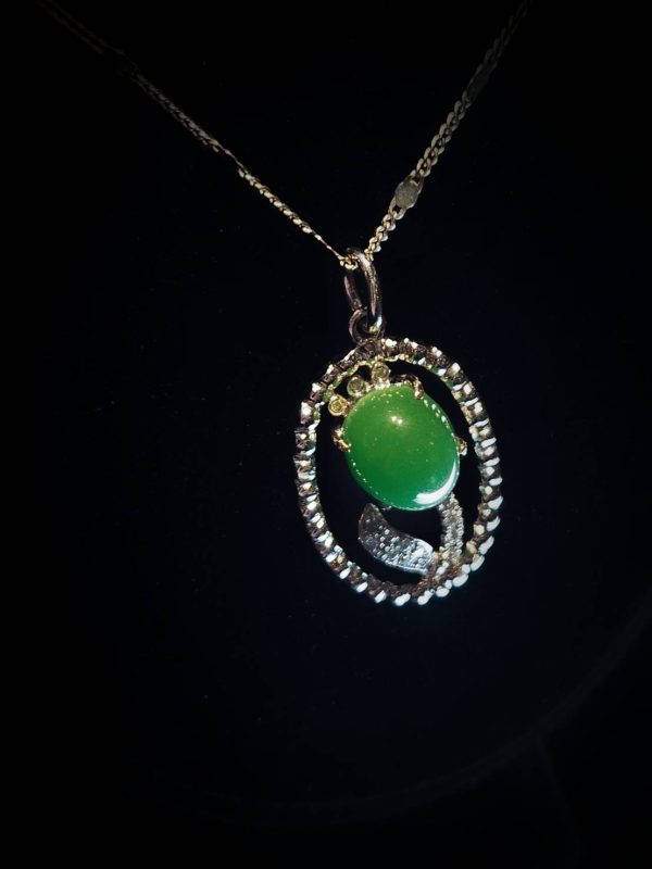 P-2025-24-3 翡翠蛋面项链 冰种帝王绿合成翡翠K金项链钻石 P-2025-24