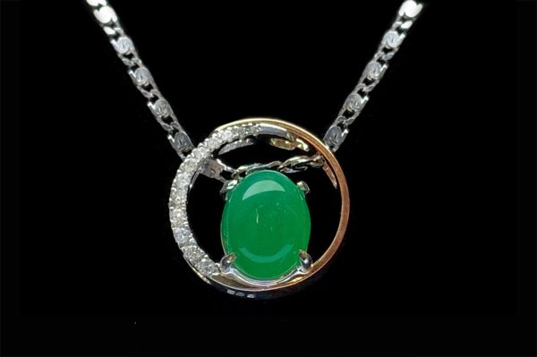 P-2025-25-1 翡翠蛋面项链 冰种帝王绿合成翡翠K金项链 P-2025-25