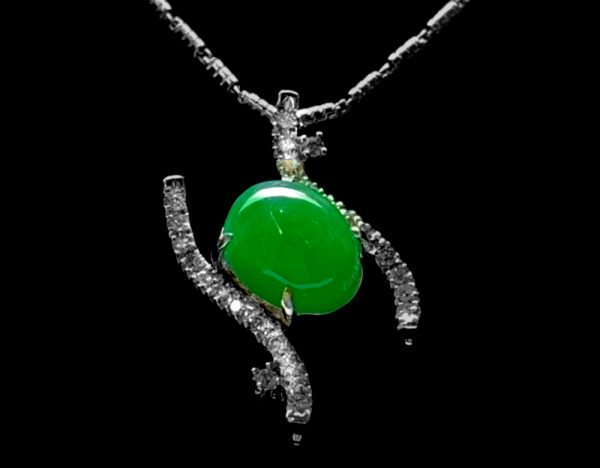 翡翠蛋面项链 冰种帝王绿合成翡翠K金项链钻石 P-2025-26