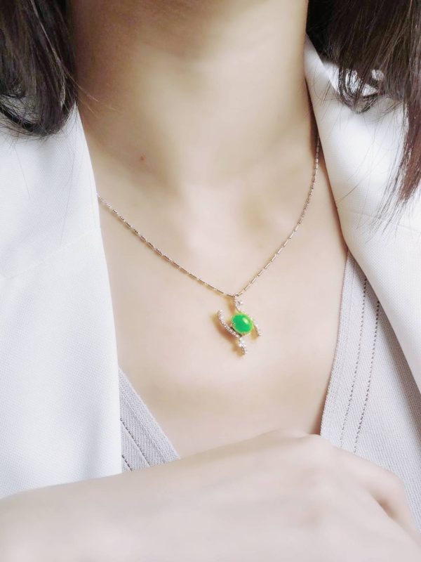 翡翠蛋面项链 冰种帝王绿合成翡翠K金项链钻石 P-2025-26