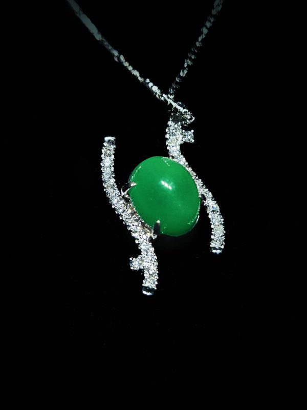 翡翠蛋面项链 冰种帝王绿合成翡翠K金项链钻石 P-2025-26