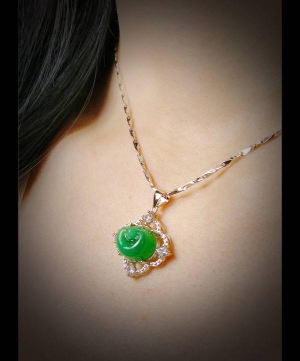 P-2025-32.2 翡翠元宝项链 冰种帝王绿合成翡翠K金项链钻石 P-2025-32