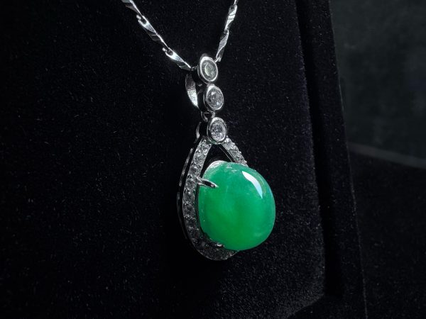 P-2025-33-1 翡翠蛋面项链 冰种帝王绿合成翡翠K金项链钻石P-2025-33