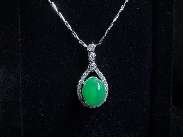 P-2025-33-2 翡翠蛋面项链 冰种帝王绿合成翡翠K金项链钻石P-2025-33