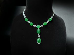 翡翠蛋面项链 冰种帝王绿合成翡翠K金项链钻石 P-2025-34