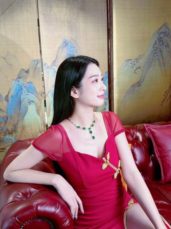 P-2025-34-2 翡翠蛋面项链 冰种帝王绿合成翡翠K金项链钻石 P-2025-34