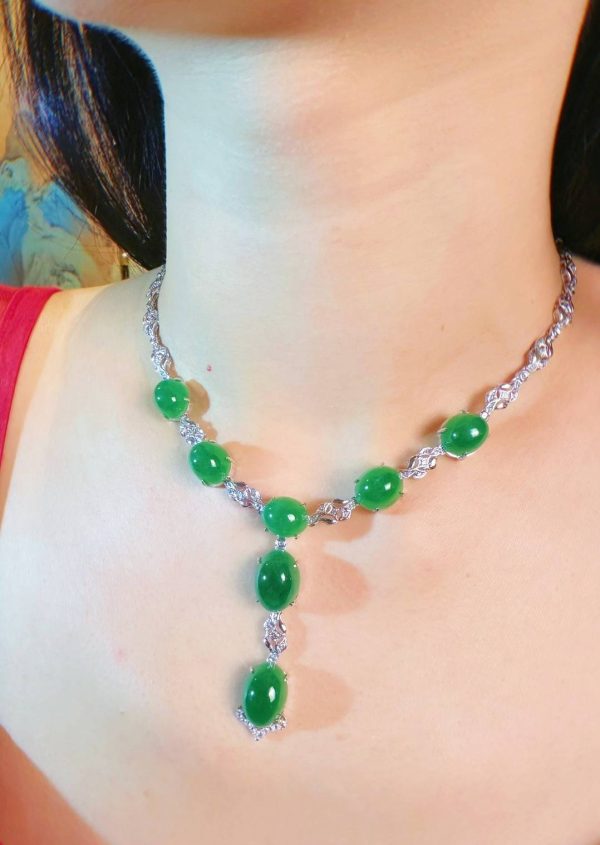 P-2025-34-3 翡翠蛋面项链 冰种帝王绿合成翡翠K金项链钻石 P-2025-34