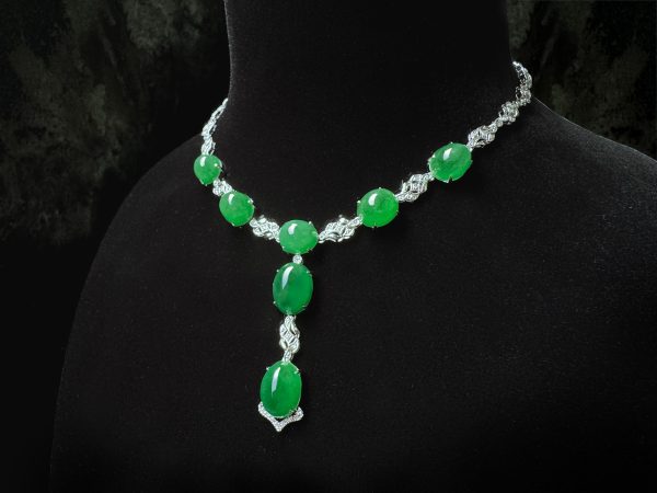 P-2025-34-4 翡翠蛋面项链 冰种帝王绿合成翡翠K金项链钻石 P-2025-34