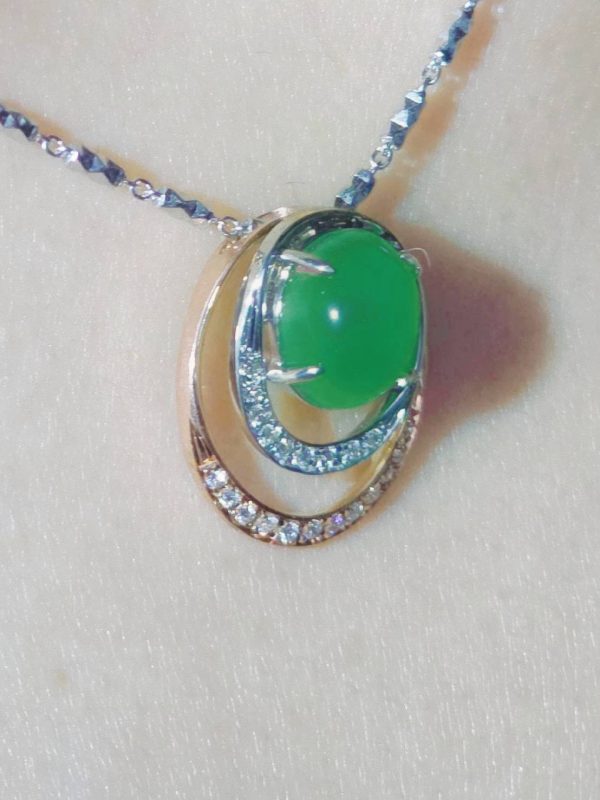 P-2025-36-3 翡翠蛋面项链 冰种帝王绿合成翡翠K金项链钻石P-2025-36