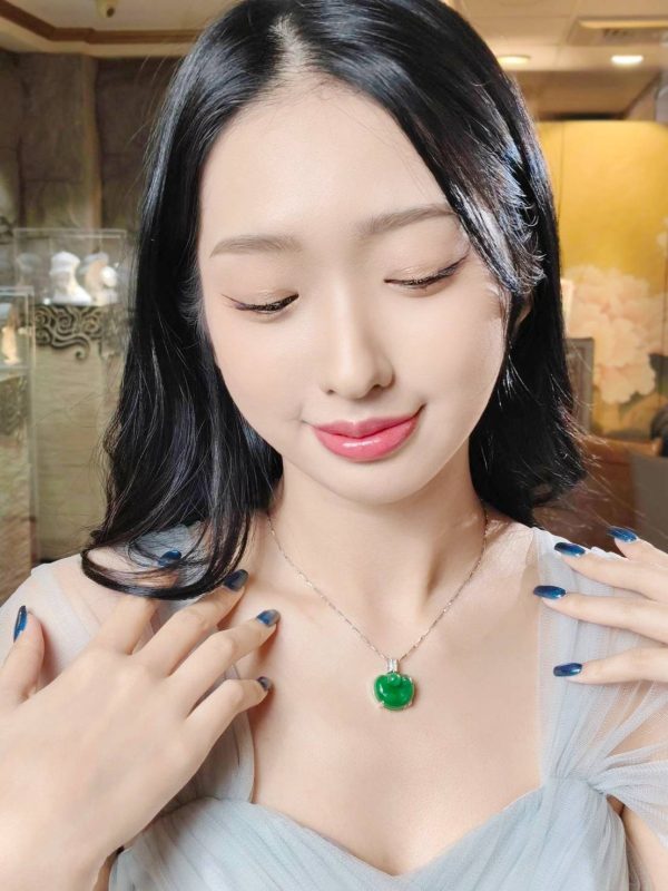 翡翠元宝项链 冰种帝王绿合成翡翠K金项链钻石P-2025-38