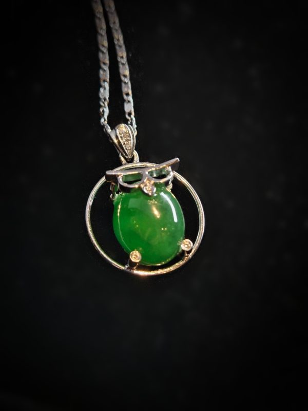 P-2025-39-1 翡翠蛋面项链 冰种帝王绿合成翡翠K金项链 P-2025-39