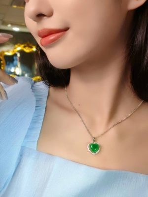 翡翠心型项链 冰种帝王绿合成翡翠K金项链钻石P-2025-41
