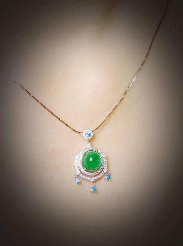 P-2025-48-2 翡翠蛋面项链 冰种帝王绿合成翡翠K金项链钻石 P-2025-48