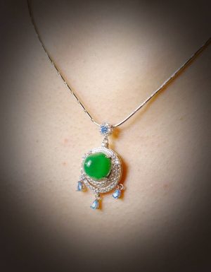 翡翠蛋面项链 冰种帝王绿合成翡翠K金项链钻石 P-2025-48