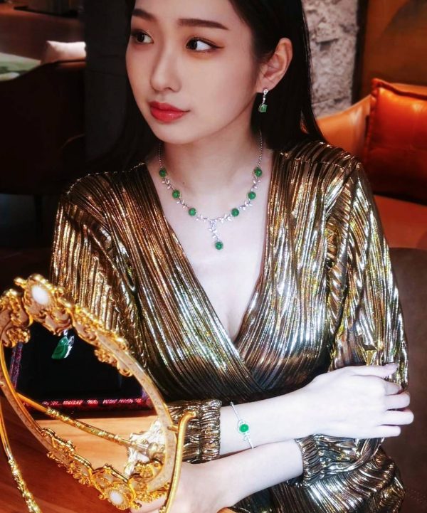 P-2025-55-2 翡翠蛋面项链 冰种帝王绿合成翡翠K金项链钻石P-2025-55