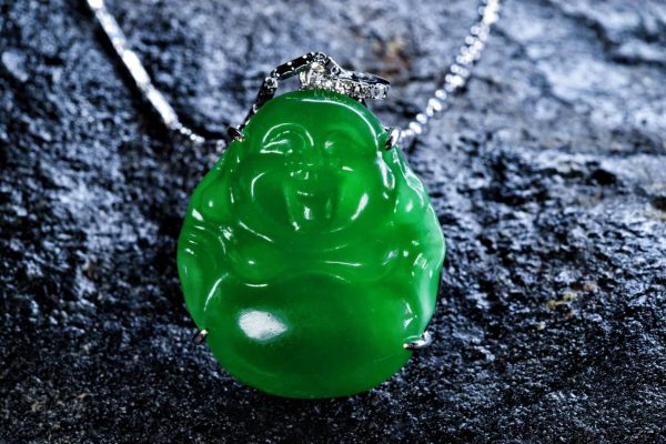 P-2025-60-1 弥勒佛翡翠 冰种帝王绿合成翡翠K金项链钻石 P-2025-60