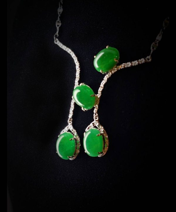 P-2025-64-4 翡翠蛋面项链 冰种帝王绿合成翡翠K金项链钻石 P-2025-64