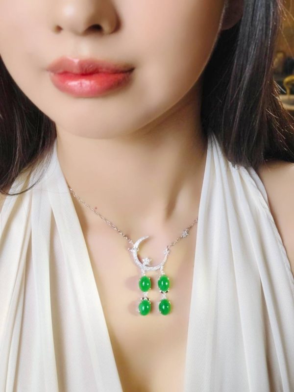 P-2025-65-2 翡翠蛋面项链 冰种帝王绿合成翡翠K金项链钻石P-2025-65