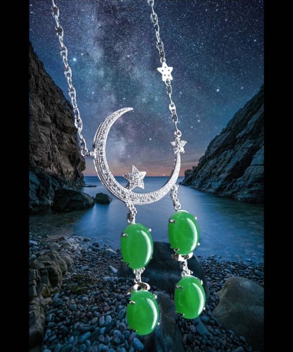 P-2025-65-5 翡翠蛋面项链 冰种帝王绿合成翡翠K金项链钻石P-2025-65