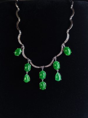 翡翠蛋面项链 冰种帝王绿合成翡翠K金钻石项链 P-2025-66