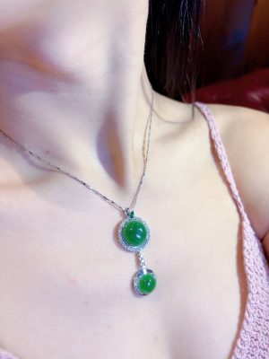 P-2025-67-1 翡翠蛋面项链 冰种帝王绿合成翡翠K金项链钻石P-2025-67