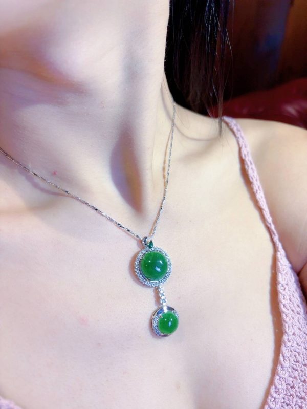 P-2025-67-1 翡翠蛋面项链 冰种帝王绿合成翡翠K金项链钻石P-2025-67