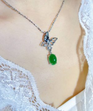 翡翠蛋面项链 冰种帝王绿合成翡翠K金项链钻石 P-2025-68