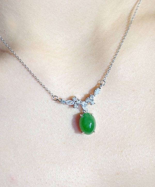 P-2025-69-1 翡翠蛋面项链 冰种帝王绿合成翡翠K金项链钻石 P-2025-69