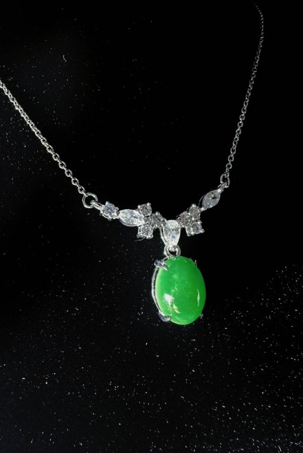 P-2025-69-2 翡翠蛋面项链 冰种帝王绿合成翡翠K金项链钻石 P-2025-69