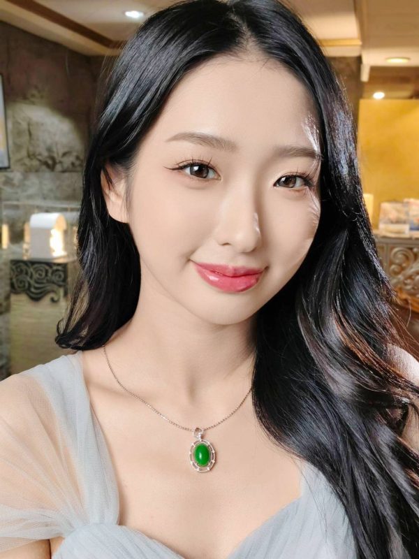 P-2025-71-2 翡翠蛋面项链 冰种帝王绿合成翡翠K金项链钻石 P-2025-71