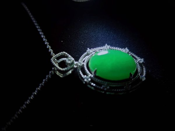 P-2025-71-3 翡翠蛋面项链 冰种帝王绿合成翡翠K金项链钻石 P-2025-71